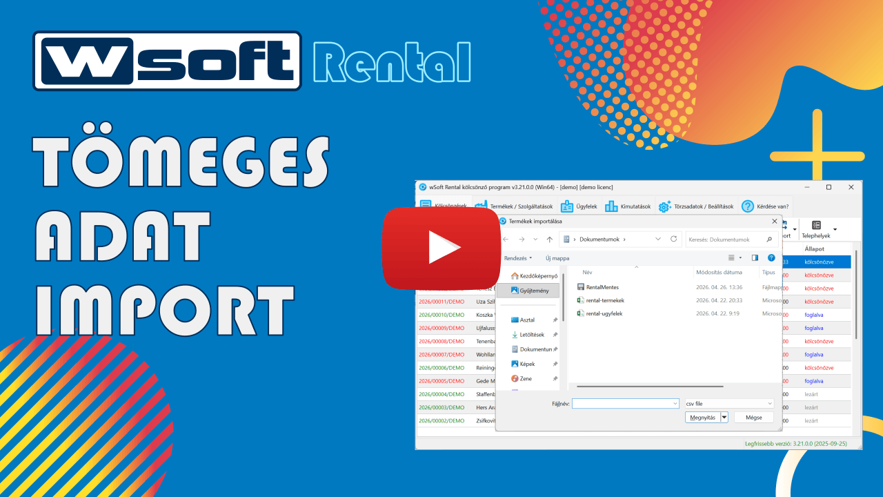 wSoft Rental kölcsönző program törzsadatok importálása