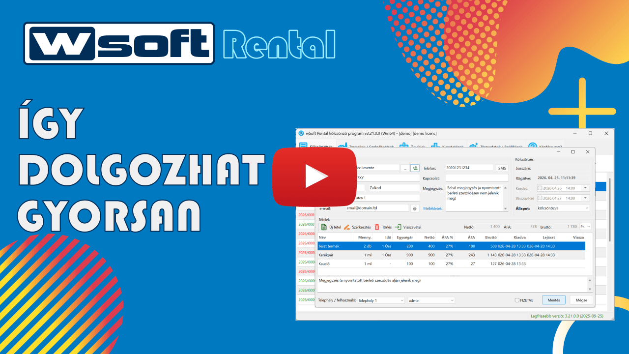wSoft Rental kölcsönző program új kölcsönzés készítés