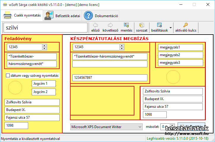 wSoft Sárga csekk kitöltő program