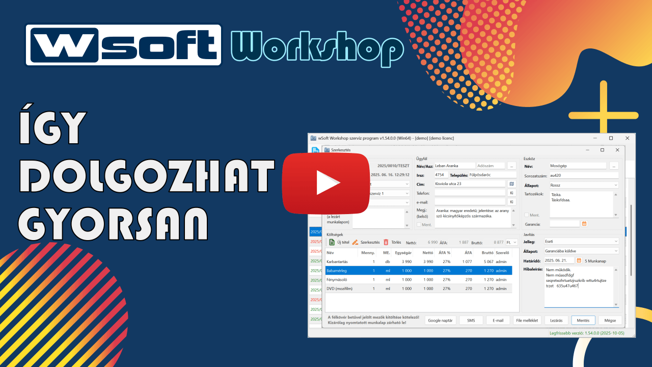 wSoft Workshop szerviz szoftver új szerviz munkalap készítése